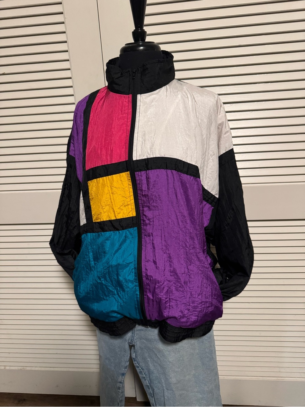 Retro Colorblock Bomber Jacket — Purple, Teal, Yellow & White